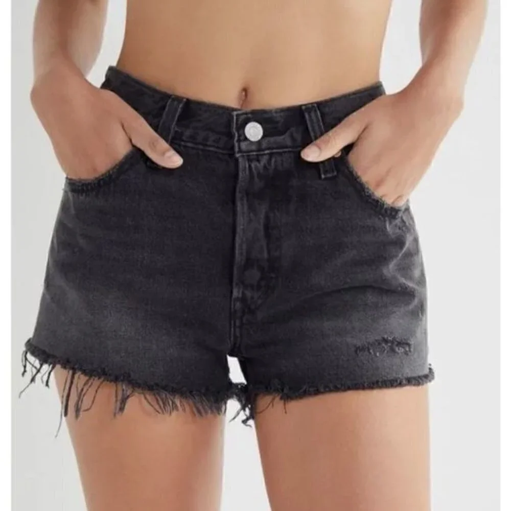 Levis 501 Big E High Rise Cut Off Shorts Washed Trashed Black Sz 26
